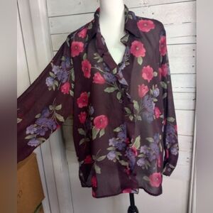 Notations Blouse Womens 1X Semi Sheer Floral Button Down Plum Pink Long Sleeve